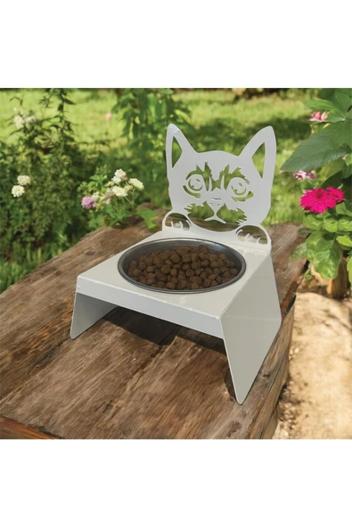 Sevimli Kedi Tasarımlı, Ergonomik Beyaz Kedi ve Köpek Mama ve Su Kabı Tekli Small Model – Paslanmaz Çelik, Dayanıklı Malzeme