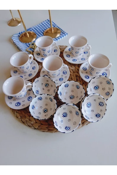 Nazar Boncuğu 6 Kişilik Kahve Fincan Seti Ve 6lı Lokumluk Çerezlik Kase - 3