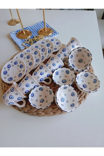 Nazar Boncuğu 6 Kişilik Kahve Fincan Seti Ve 6lı Lokumluk Çerezlik Kase - 2