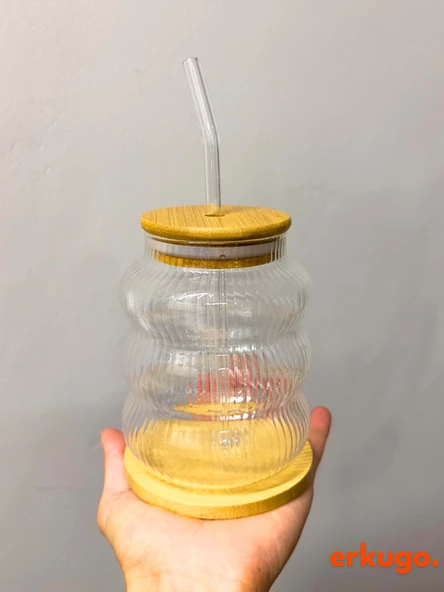 Bambu Kapaklı Pipetli Borosilikat Sunum Bardağı, Kahve Bardağı, Isı Dayanıklı Bardak (700 ml) Ripple - 2