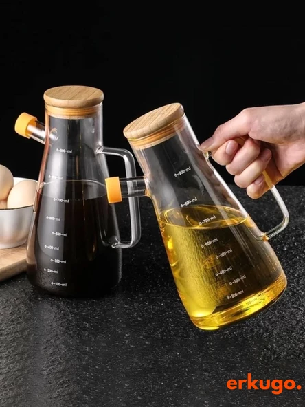 2 Adet Vakumlu Bambu Kapaklı Borosilikat Yağdanlık, Zeytinyağı Sıvıyağ Şişesi, Yağlık (900 ml) Oilpot - 3