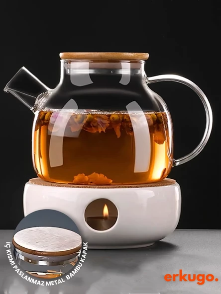 Vakumlu Bambu - Metal Kapaklı Isıya Dayanıklı Borosilikat Cam Demlik, Süzgeçli (1000 ML) Teapot