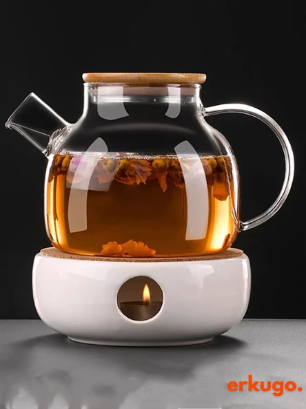 Vakumlu Bambu - Metal Kapaklı Isıya Dayanıklı Borosilikat Cam Demlik, Süzgeçli (1000 ML) Teapot - 8
