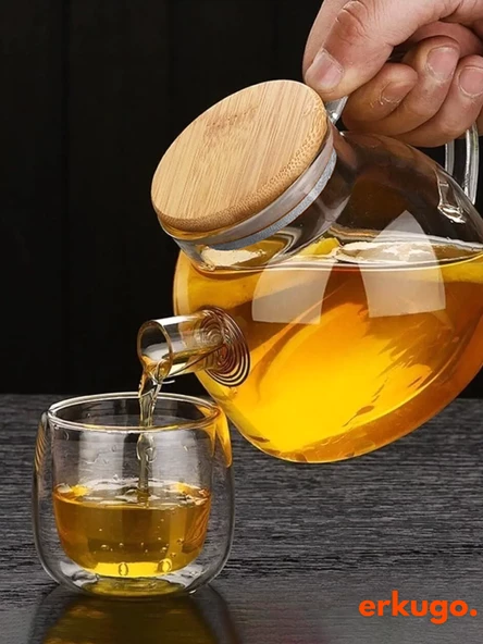 Vakumlu Bambu - Metal Kapaklı Isıya Dayanıklı Borosilikat Cam Demlik, Süzgeçli (1000 ML) Teapot - 4