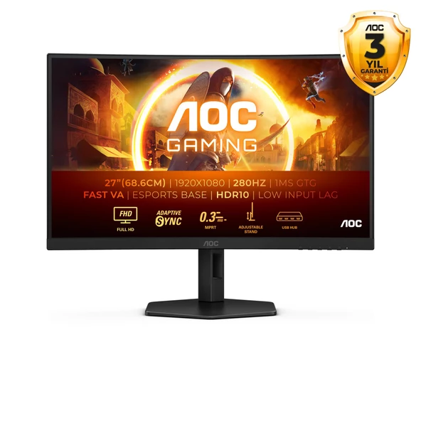 AOC C27G4ZXU 27" 280 Hz 0,3 ms FreeSync HDR10 Yükseklik Ayarlı Fast VA Curved Oyuncu Monitör