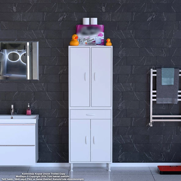 Modilayn YENİ AFRA 60 x 173 x 32,5 cm 1 Çekmece 4 Kapak 7 Raf 10 Bölme Çok Amaçlı Banyo & Mutfak Dolabı  - Resim 2
