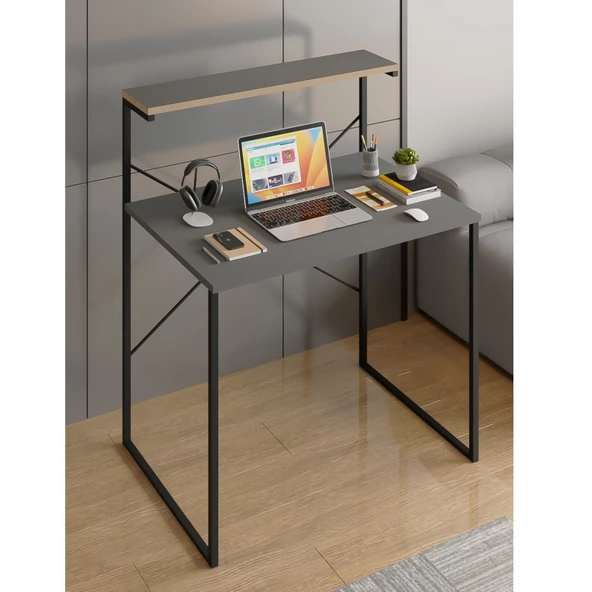 Eportatif Raflı Çalışma Masası 60x90 Ofis Masası Ders Masası Çok Amaçlı Çalışma Masası Füme 1450 - 3