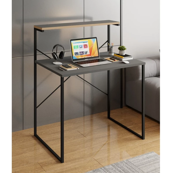 Eportatif Raflı Çalışma Masası 60x90 Ofis Masası Ders Masası Çok Amaçlı Çalışma Masası Füme 1450