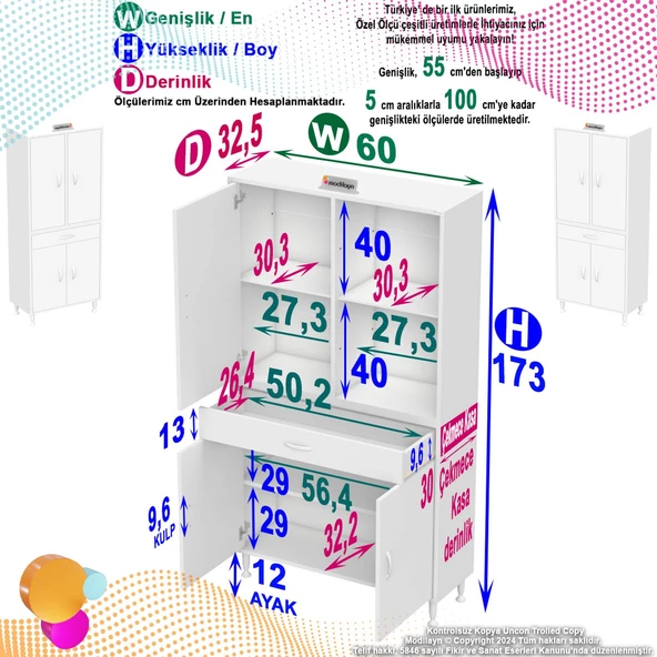 Modilayn YENİ AFRA 65x173x32,5 cm 1 Çekmece 4 Kapak 3 Raf 6 Bölme Çok Amaçlı Banyo & Mutfak Dolabı - 4