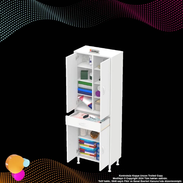 Modilayn YENİ AFRA 60 x 173 x 32,5 cm 1 Çekmece 4 Kapak 7 Raf 10 Bölme Çok Amaçlı Banyo & Mutfak Dolabı  - Resim 7