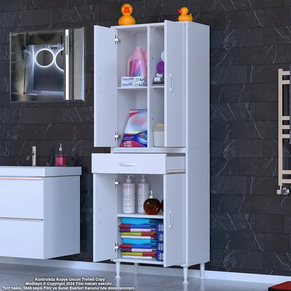 Modilayn YENİ AFRA 65x173x32,5 cm 1 Çekmece 4 Kapak 3 Raf 6 Bölme Çok Amaçlı Banyo & Mutfak Dolabı - 3