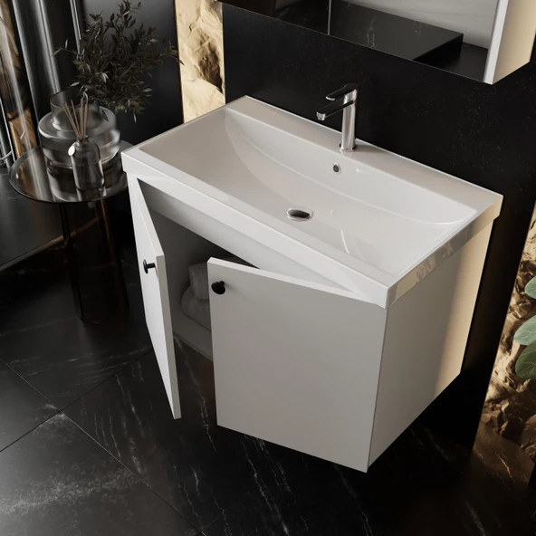 KAREN BANYO Mimoza 80 Cm Lavabolu,aynalı Banyo Dolabı Seti,mdf Seramik Lavabo Dahil,beyaz,mdf - 2