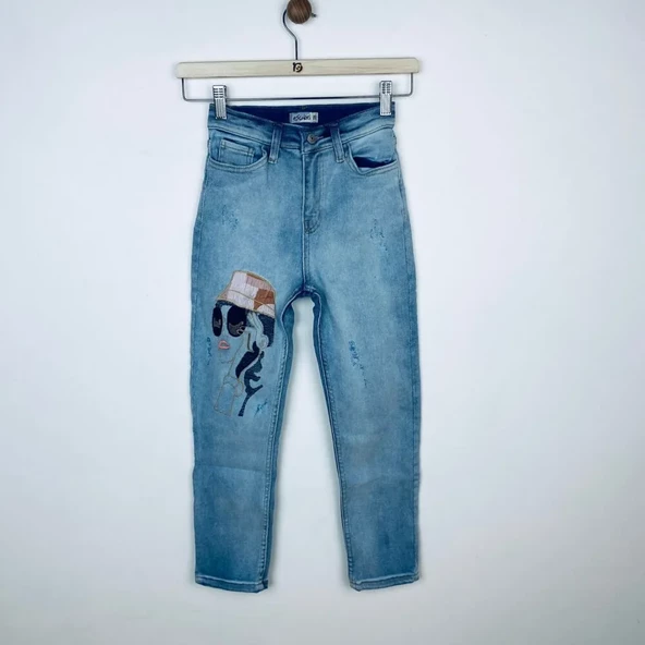 7-14 Yaş Kız Çocuk Kot Pantolon Baskılı Denim Kumaş Jean