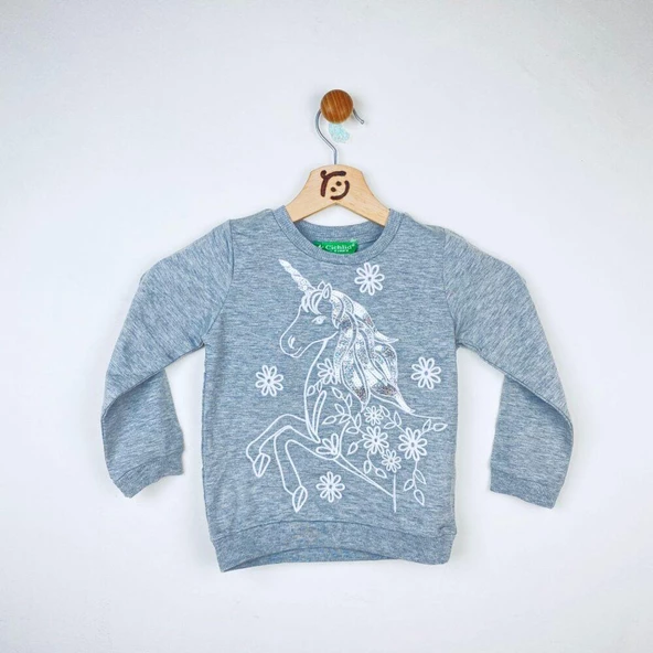 2-10 Yaş Kız Çocuk Sweat Shirt  Unicorn Baskılı Gri