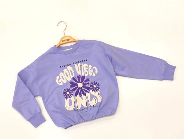 8-14 Yaş Kız Çocuk Sweat Shirt Baskılı Lila Crop