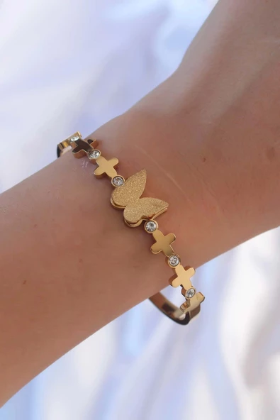 MuI MuI 316L Çelik Altın Renk Zirkon Taşlı Kelebek Kelepçe - Resim 2