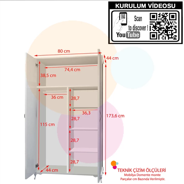 Modilayn KUMSAL Gardrop Derin Ölçü Lükens Ayaklı, Gardolap Base Genç Odası - 3