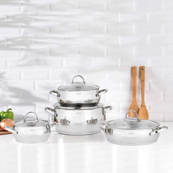 Nehir Silver Lüks 8 Parça Cam Kapaklı Çelik Tencere Seti