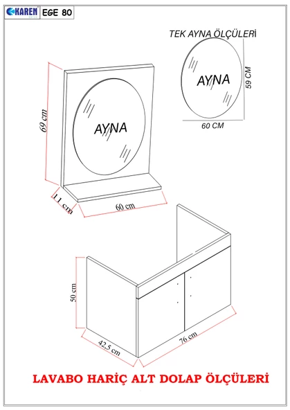 Karen Banyo Ege 80 Cm Lavabolu,Aynalı Banyo Dolabı Seti, Seramik Lavabo Dahil,Beyaz - 4