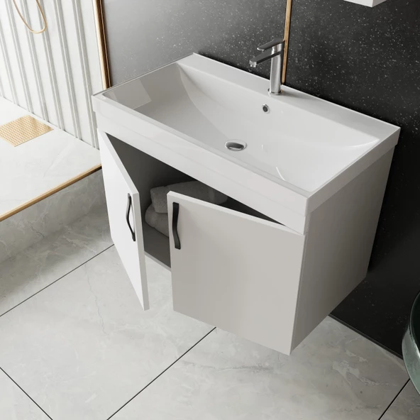 Karen Banyo Ege 80 Cm Lavabolu,Aynalı Banyo Dolabı Seti, Seramik Lavabo Dahil,Beyaz - 2