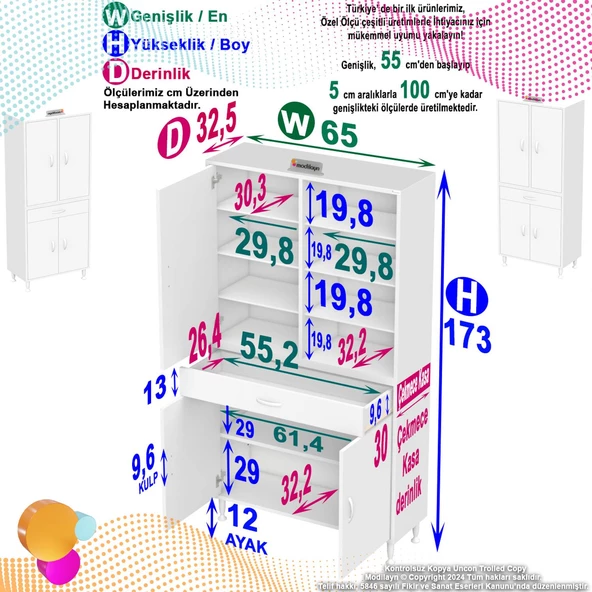 Modilayn AFRA 65x173x32,5 cm 1 Çekmece 3 Kapak 7 Raf 10 Bölme Çok Amaçlı Banyo & Mutfak Dolabı  - 4