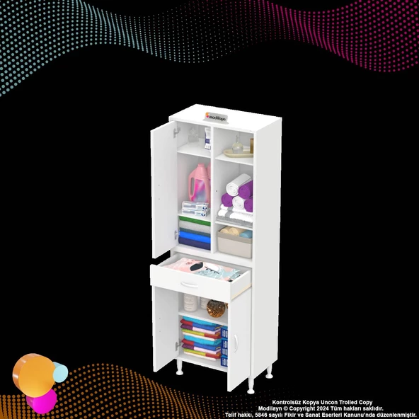Modilayn AFRA 65x173x32,5 cm 1 Çekmece 3 Kapak 5 Raf 8 Bölme Çok Amaçlı Banyo & Mutfak Dolabı - 7