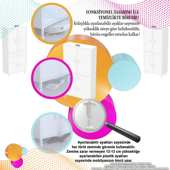 Modilayn YENİ AFRA 65 x 173 x 32,5 cm 1 Çekmece 4 Kapak 5 Raf 8 Bölme Çok Amaçlı Banyo & Mutfak Dolabı  - 6