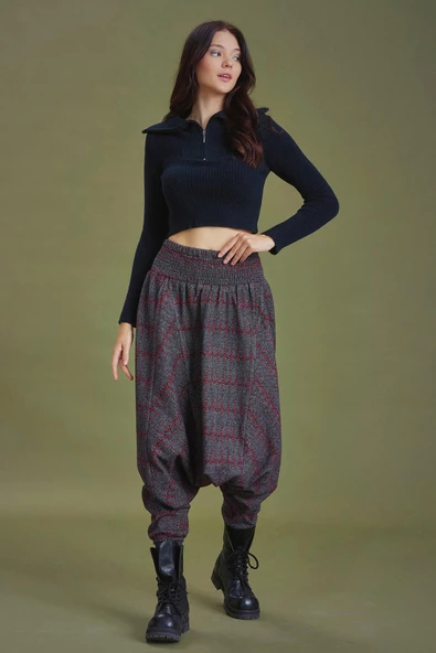 Gipe Bel Detaylı Kışlık Bordo Desenli Kadın Şalvar Pantolon - 7