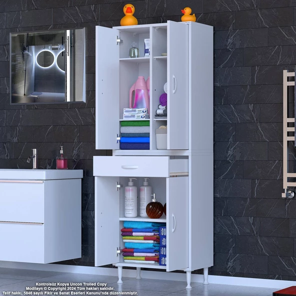 Modilayn YENİ AFRA 65 x 173 x 32,5 cm 1 Çekmece 4 Kapak 5 Raf 8 Bölme Çok Amaçlı Banyo & Mutfak Dolabı  - 3