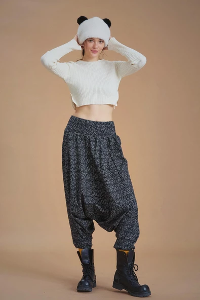 Gipe Bel Detaylı Kışlık Siyah Puantiyeli Kadın Şalvar Pantolon - 3