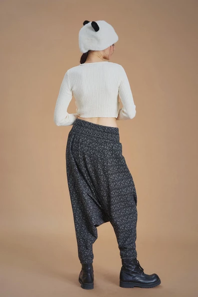 Gipe Bel Detaylı Kışlık Siyah Puantiyeli Kadın Şalvar Pantolon - 5