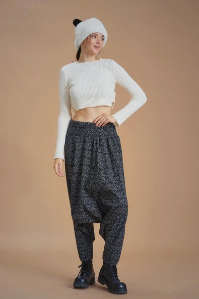 Gipe Bel Detaylı Kışlık Siyah Puantiyeli Kadın Şalvar Pantolon - 4