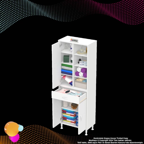 Modilayn AFRA 65x173x32,5 cm 1 Çekmece 3 Kapak 7 Raf 10 Bölme Çok Amaçlı Banyo & Mutfak Dolabı  - 7