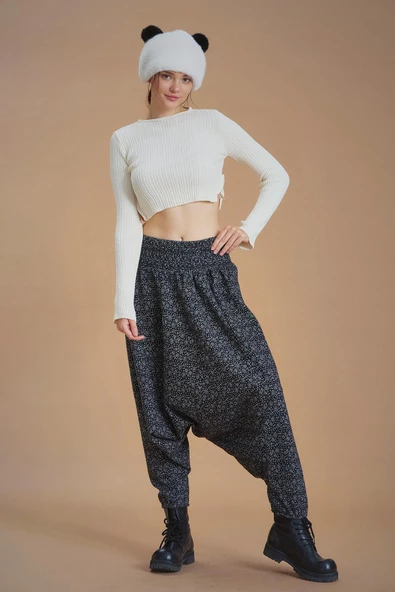 Gipe Bel Detaylı Kışlık Siyah Puantiyeli Kadın Şalvar Pantolon - 2