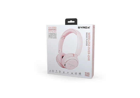 Syrox S16 MicroSD Kart Destekli Bluetooth 5.0 Kablosuz Mikrofonlu Kulaküstü Kulaklık - Pembe - Resim 2