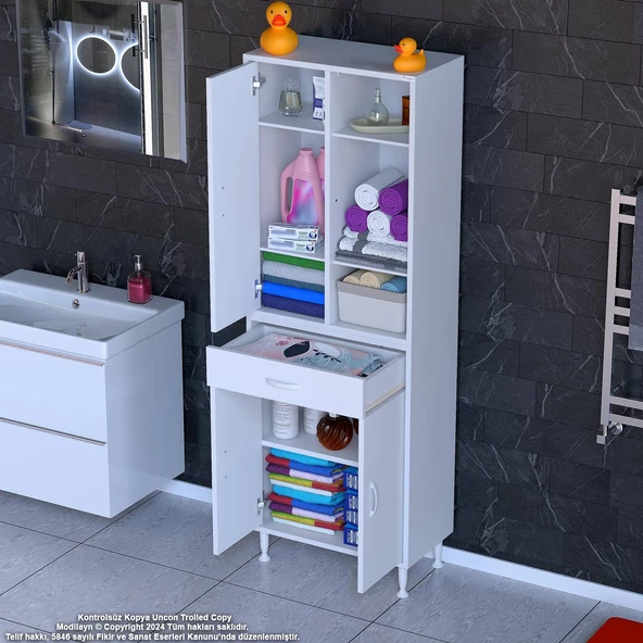 Modilayn AFRA 65x173x32,5 cm 1 Çekmece 3 Kapak 5 Raf 8 Bölme Çok Amaçlı Banyo & Mutfak Dolabı 
