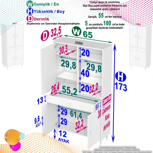 Modilayn YENİ AFRA 65 x 173 x 32,5 cm 1 Çekmece 4 Kapak 5 Raf 8 Bölme Çok Amaçlı Banyo & Mutfak Dolabı  - 4