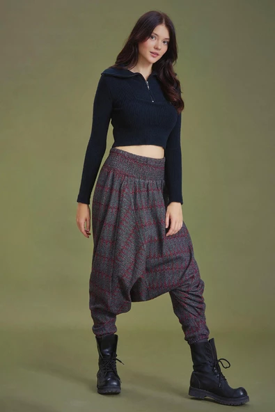 Gipe Bel Detaylı Kışlık Bordo Desenli Kadın Şalvar Pantolon - 8