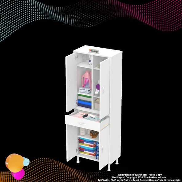 Modilayn YENİ AFRA 65 x 173 x 32,5 cm 1 Çekmece 4 Kapak 5 Raf 8 Bölme Çok Amaçlı Banyo & Mutfak Dolabı  - 7