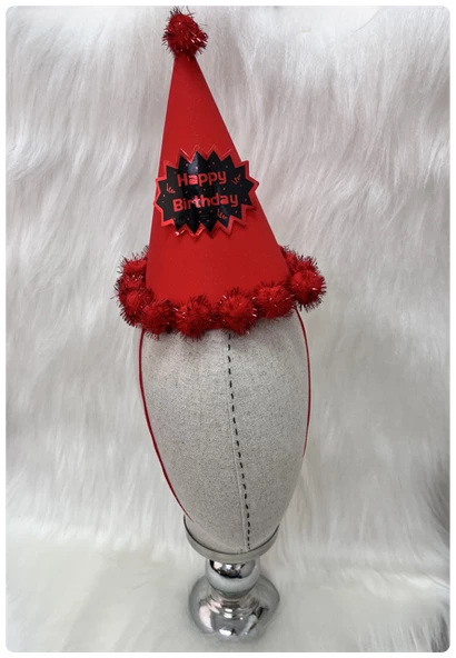 Happy Birthday Simli Ponponlu Kırmızı Şapka 20x13 cm - Resim 2