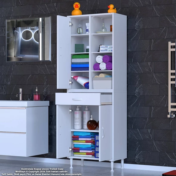 Modilayn AFRA 65x173x32,5 cm 1 Çekmece 3 Kapak 7 Raf 10 Bölme Çok Amaçlı Banyo & Mutfak Dolabı  - 3