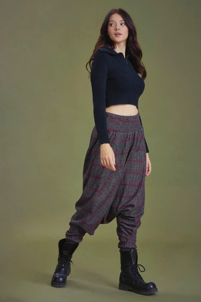 Gipe Bel Detaylı Kışlık Bordo Desenli Kadın Şalvar Pantolon - 6