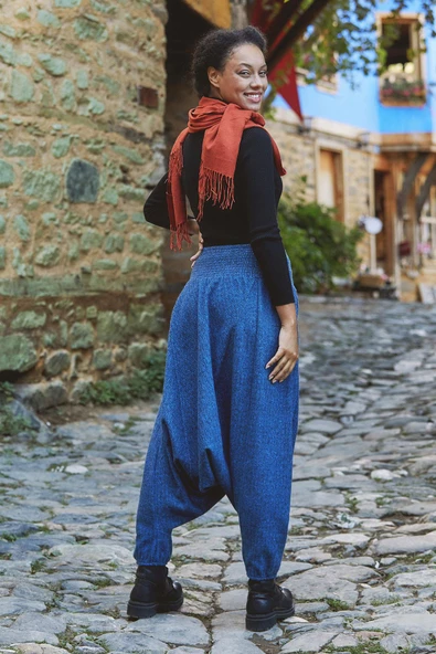 Gipe Bel Detaylı Kışlık Kadın İndigo Şalvar Pantolon - 4