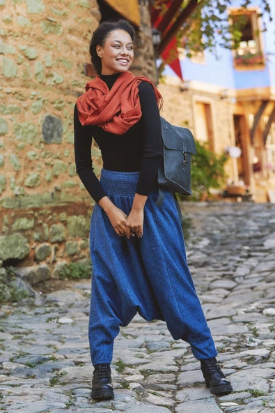 Gipe Bel Detaylı Kışlık Kadın İndigo Şalvar Pantolon - 2