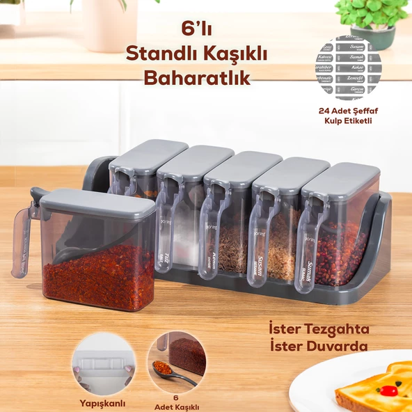 Porsima 1182 Simple 6 lı Standlı Kendinden Yapışkanlı Kaşıklı Kapaklı Baharatlık Takımı - Baharatlık Seti