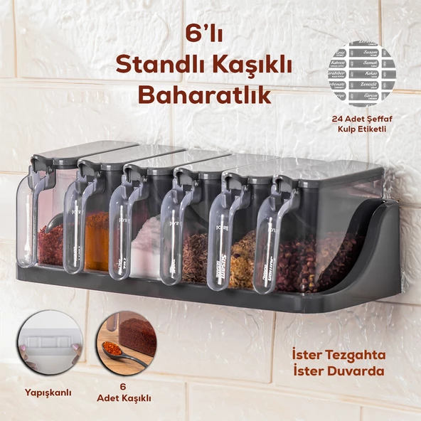 Porsima 1182 Simple 6 lı Standlı Kendinden Yapışkanlı Kaşıklı Kapaklı Baharatlık Takımı - Baharatlık Seti - 2