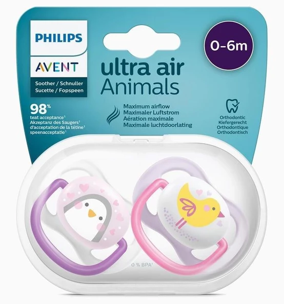 Philips Avent Yalancı Emzik Ultra Air Kız Animals | 0-6 Ay, 2 Adet, SCF08006