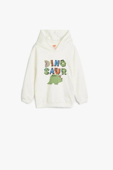 Koton Erkek Bebek Kapşonlu Sweatshirt Uzun Kollu Bisiklet Yaka Dinozor Baskı Detaylı Pamuklu