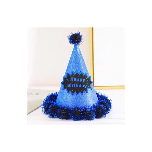 Happy Birthday Simli Ponponlu Mavi Şapka 20x13 cm - 1