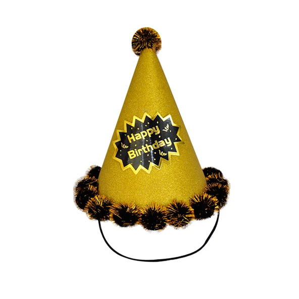 Happy Birthday Simli Ponponlu Gold Şapka 20x13 cm